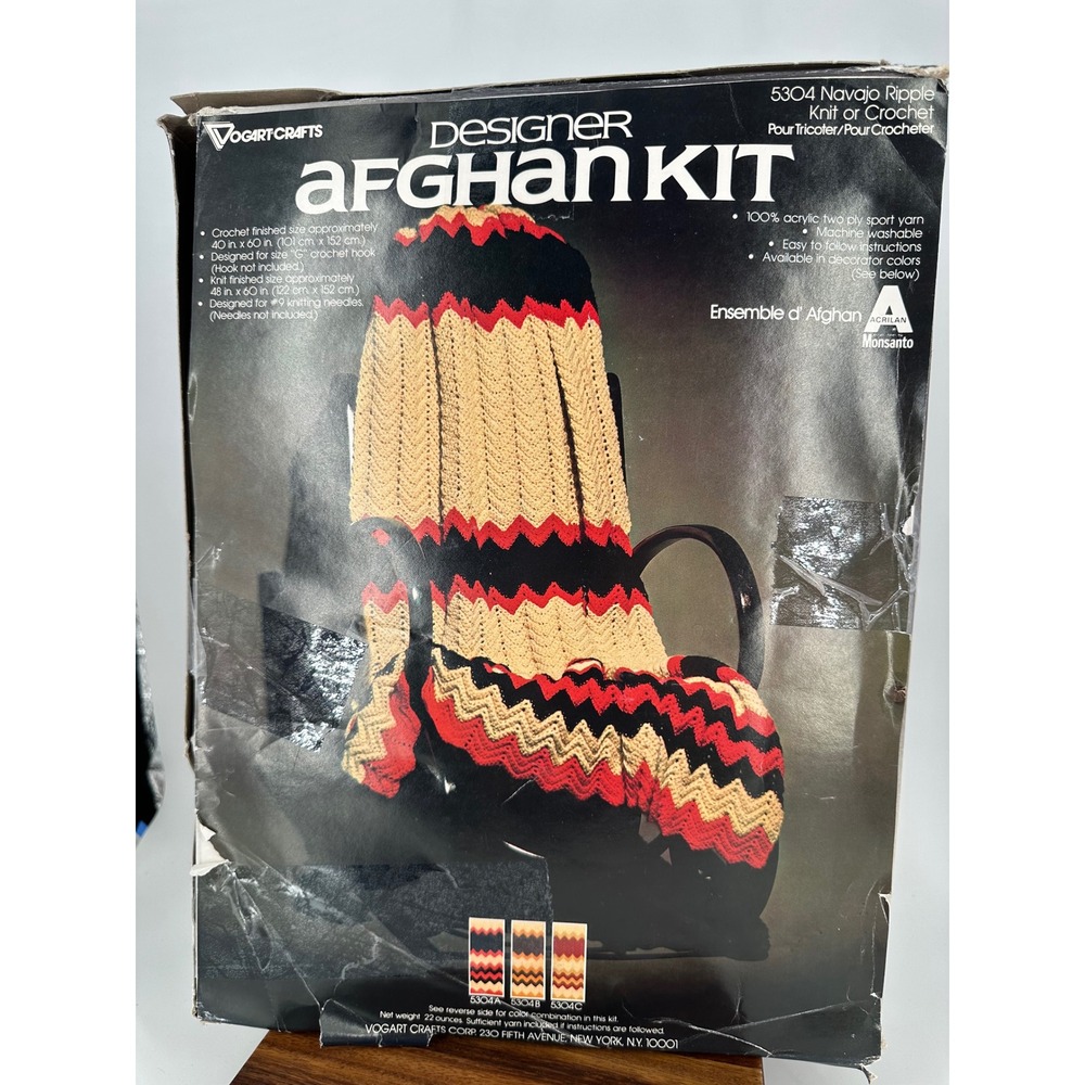 Vintage Vogart Crafts Navajo Ripple Afghan Kit 5304 Knit Crochet Red Black Cream